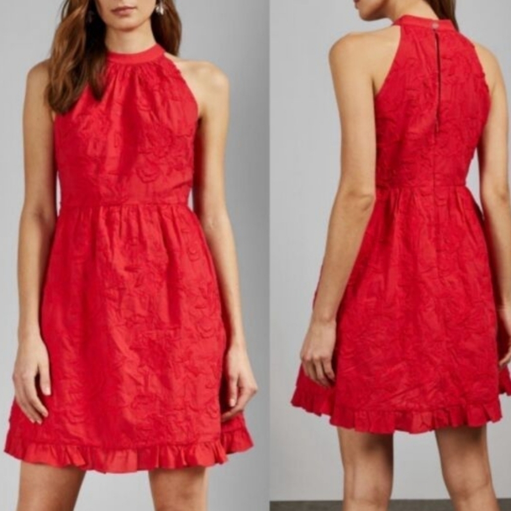 Ted Baker Lorene Halter Neck Fit & Flare Dress Red Size 3 Embroidered